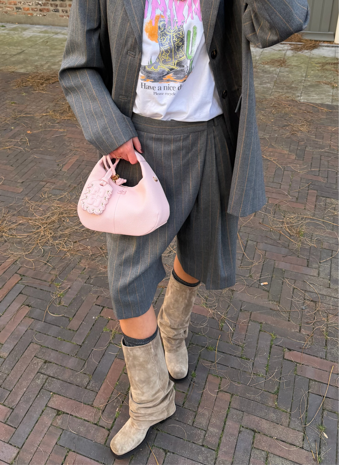 Pinstripe Suit Separates with Grey Suede Slouchy Boots Pinstripe Suit Separates with Grey Suede Slouchy Boots — Slouchy Boots Outfits