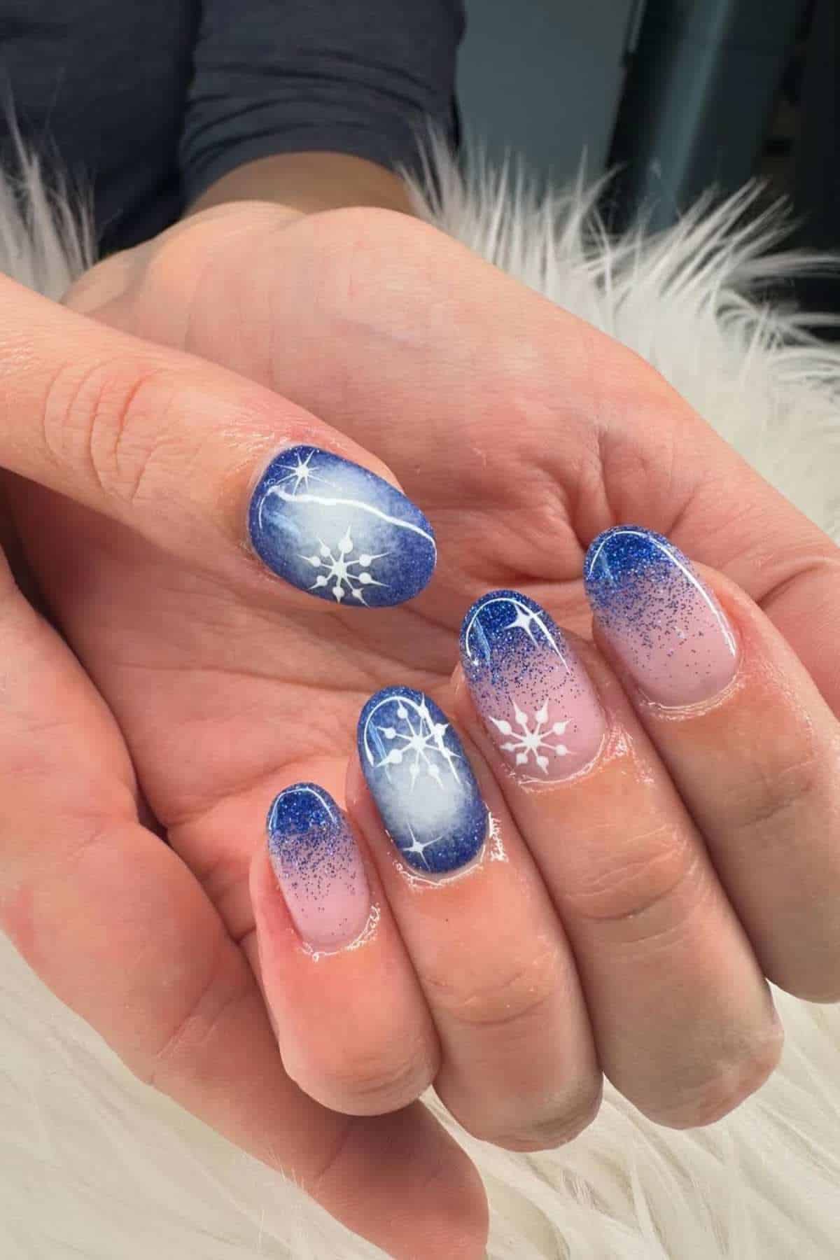 Deep Blue Pink Gradient Snowflake Nails Deep Blue Pink Gradient Snowflake Nails — Winter Nails
