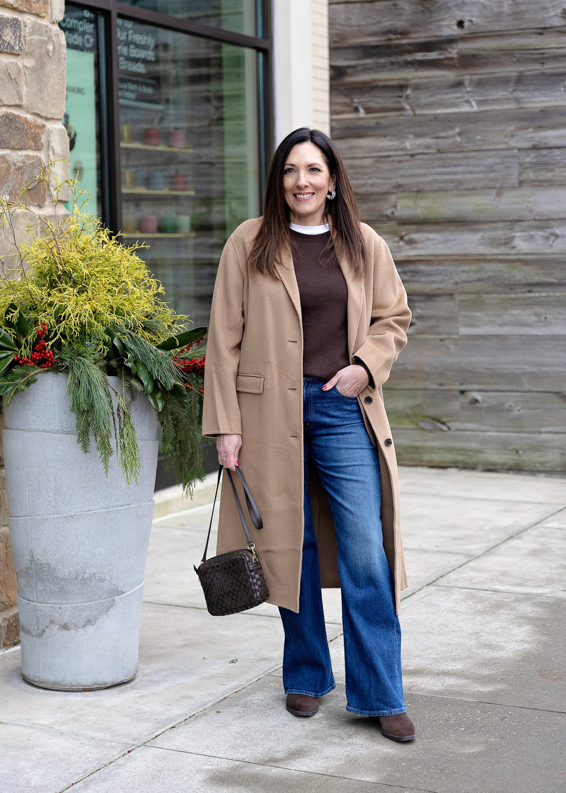 Longline Camel Coat Over Knit Sweater for Elevated Casual Longline Camel Coat Over Knit Sweater for Elevated Casual — Winter Outfits for Moms