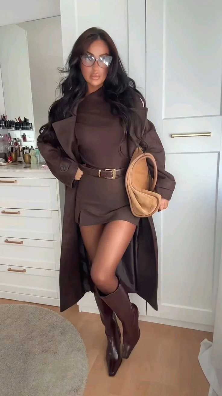 Monochromatic Power: Chocolate Brown Mini Dress and Patent Trench — Chocolate Brown Outfits