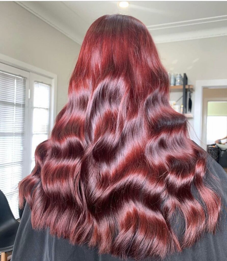 Wavy Medium Density Mid-Back Glossy Cherry Red Waves — Cherry Cola Hair Color