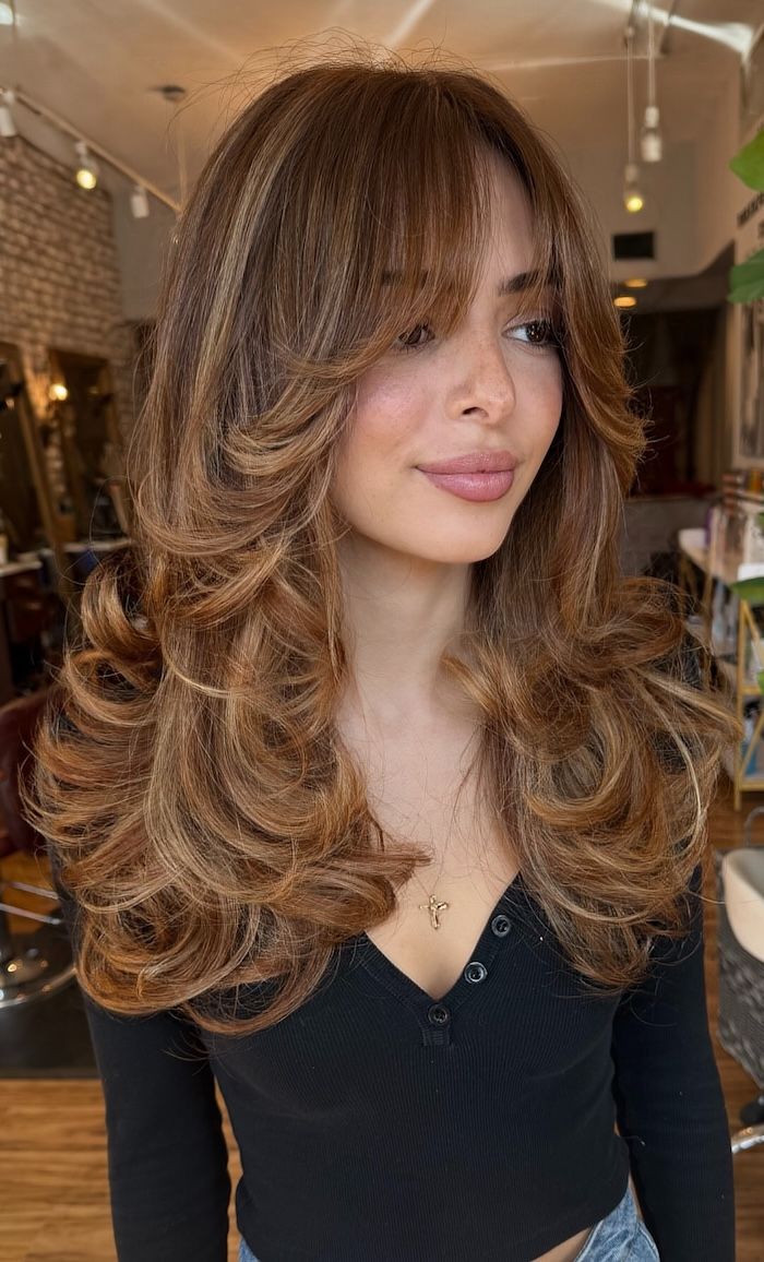 Chestnut Bronde With Feathered Layers — Winter Haircuts with Curtain Bangs