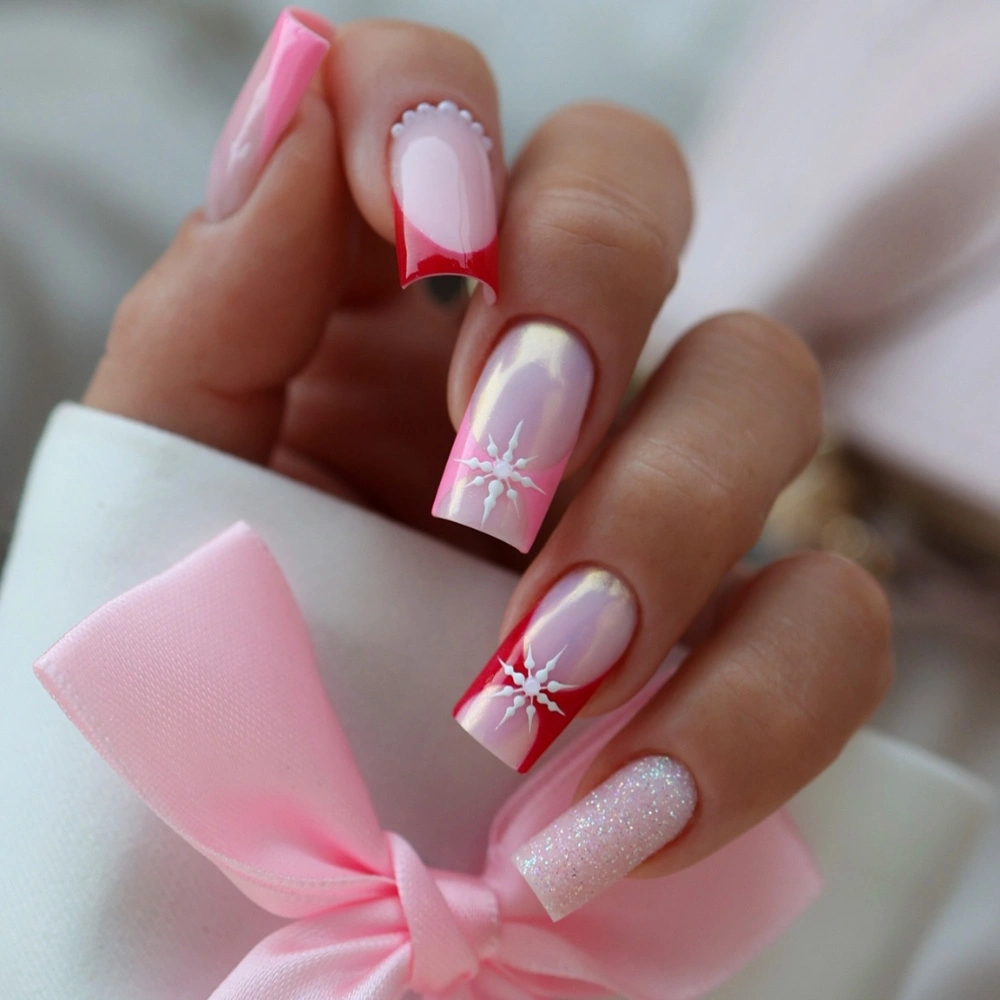 Iridescent Red Snowflake French Square Nails Iridescent Red Snowflake French Square Nails — Winter French Tip Nails