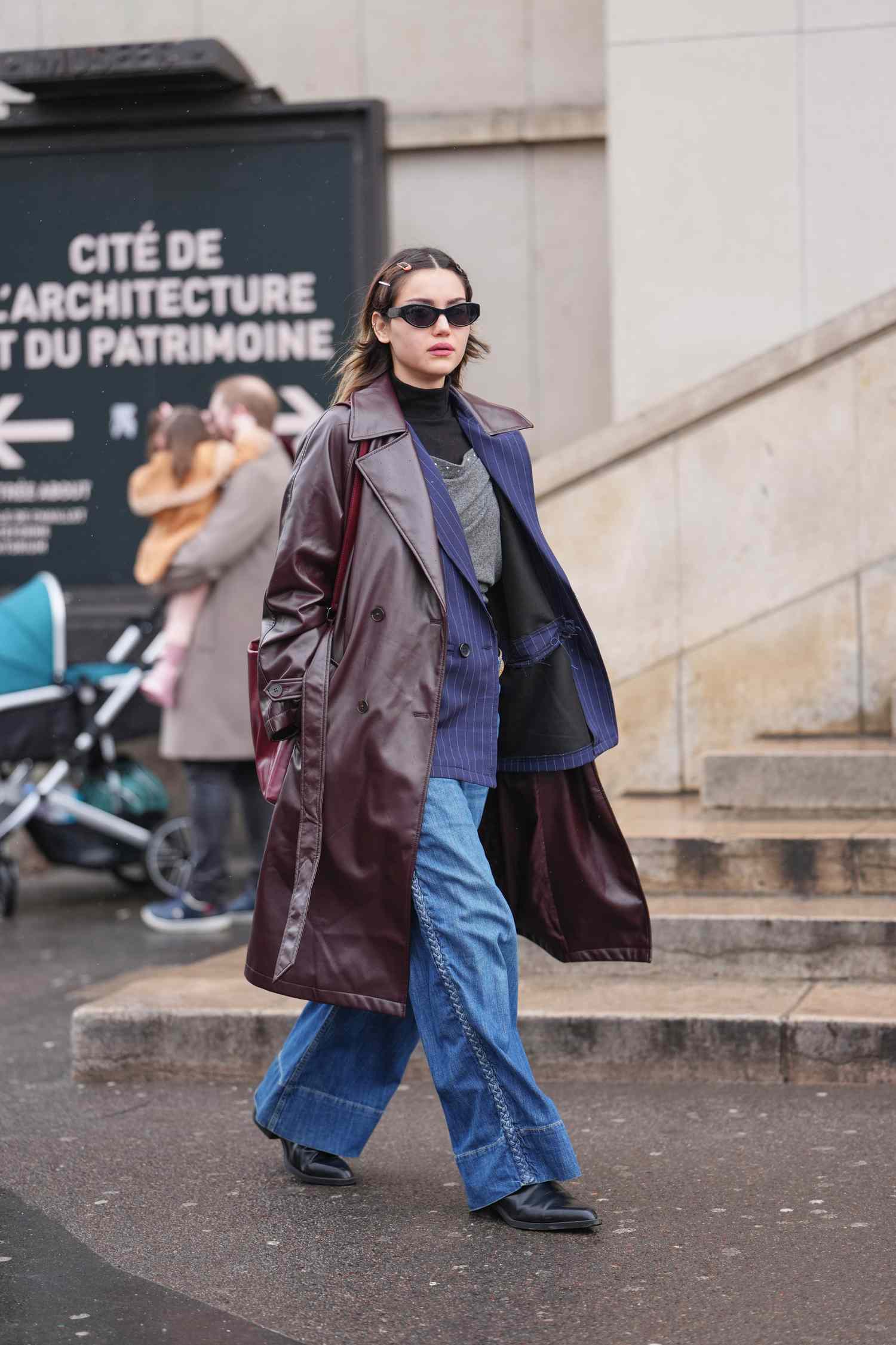 Burgundy Leather Coat with Pinstripe Vest Burgundy Leather Coat with Pinstripe Vest — Long Coat Outfits