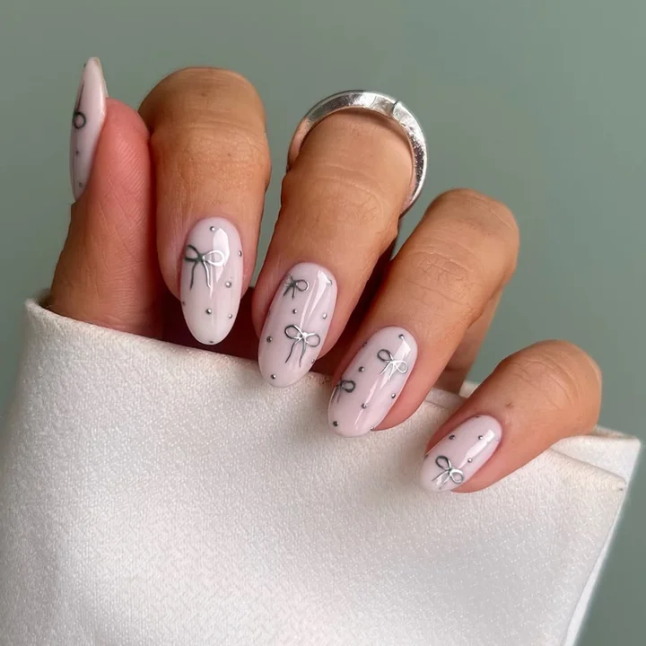 Sweet Pale Pink with Silver Bows — Cute Winter Nails