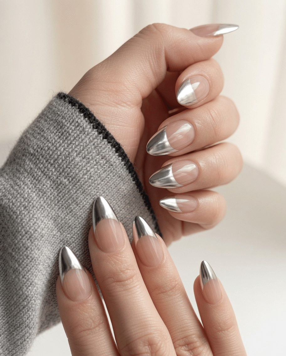 Silver Chrome French Tips on Nude Base Silver Chrome French Tips on Nude Base — Silver Chrome Nails