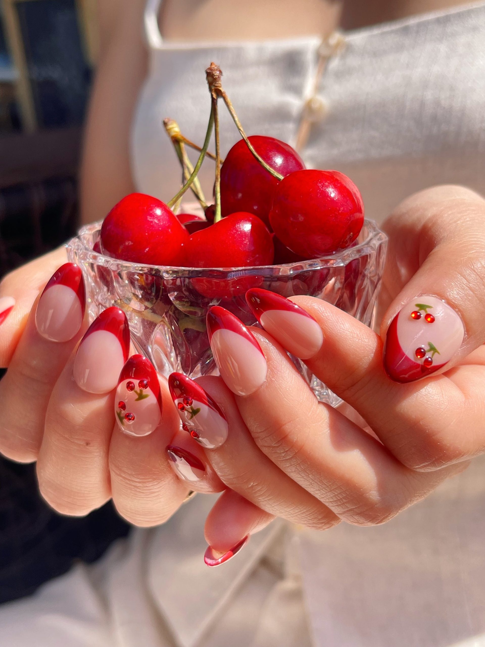 Cherry French Almond Nails with Motifs Cherry French Almond Nails with Motifs — Cherry Red Nails