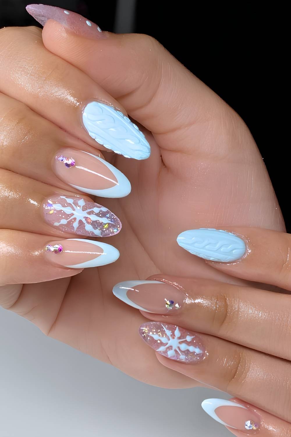 3D Cable Knit and Nude French Almond Nails — Icy Blue Nails