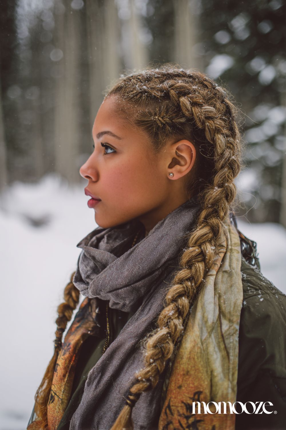 Honey Blonde Dutch Braids in Snow Honey Blonde Dutch Braids in Snow — Winter Hairstyles with Scarf