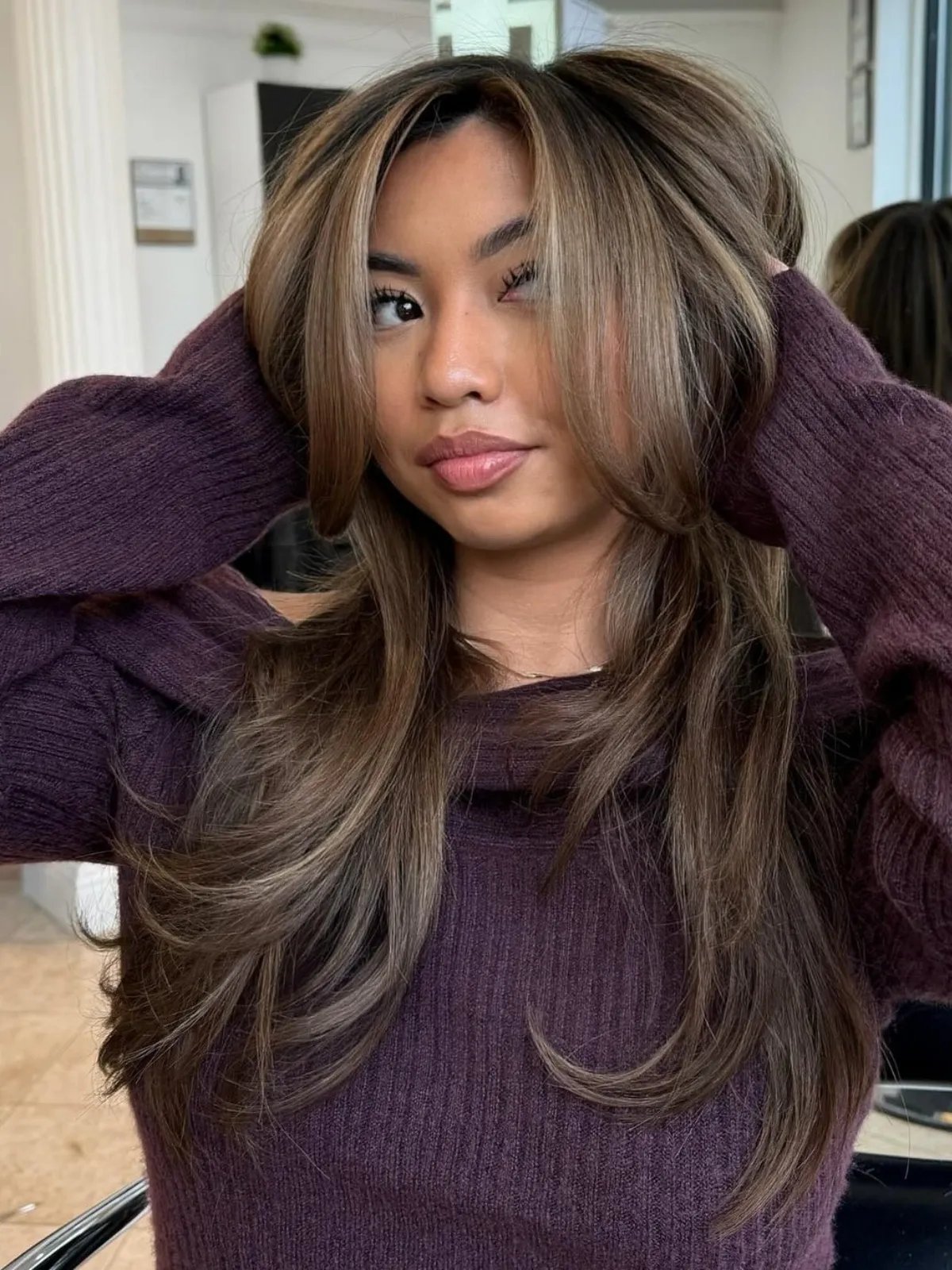 Mid-Back Medium Brown With Caramel Highlights — The Base Color Is Medium Brown — Winter Hair Colors for Brown Eyes