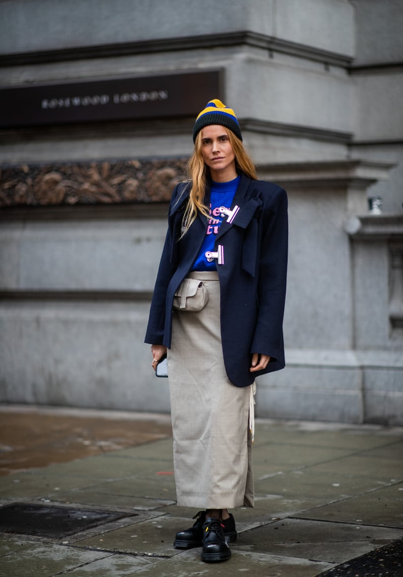 Playful Contrast: Striped Beanie with Blazer and Maxi Skirt Playful Contrast: Striped Beanie with Blazer and Maxi Skirt — Beanie Outfits