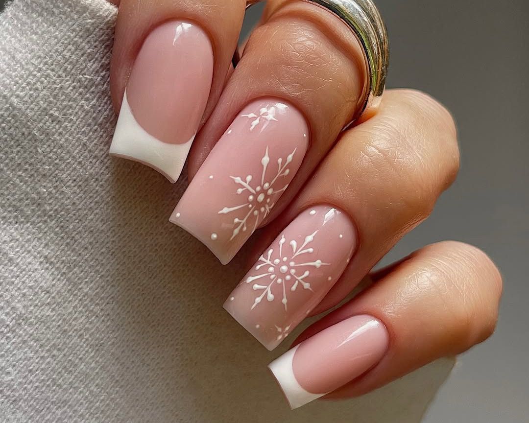 Nude French Tips with Snowflakes Nude French Tips with Snowflakes — Winter Acrylic Nail Colors