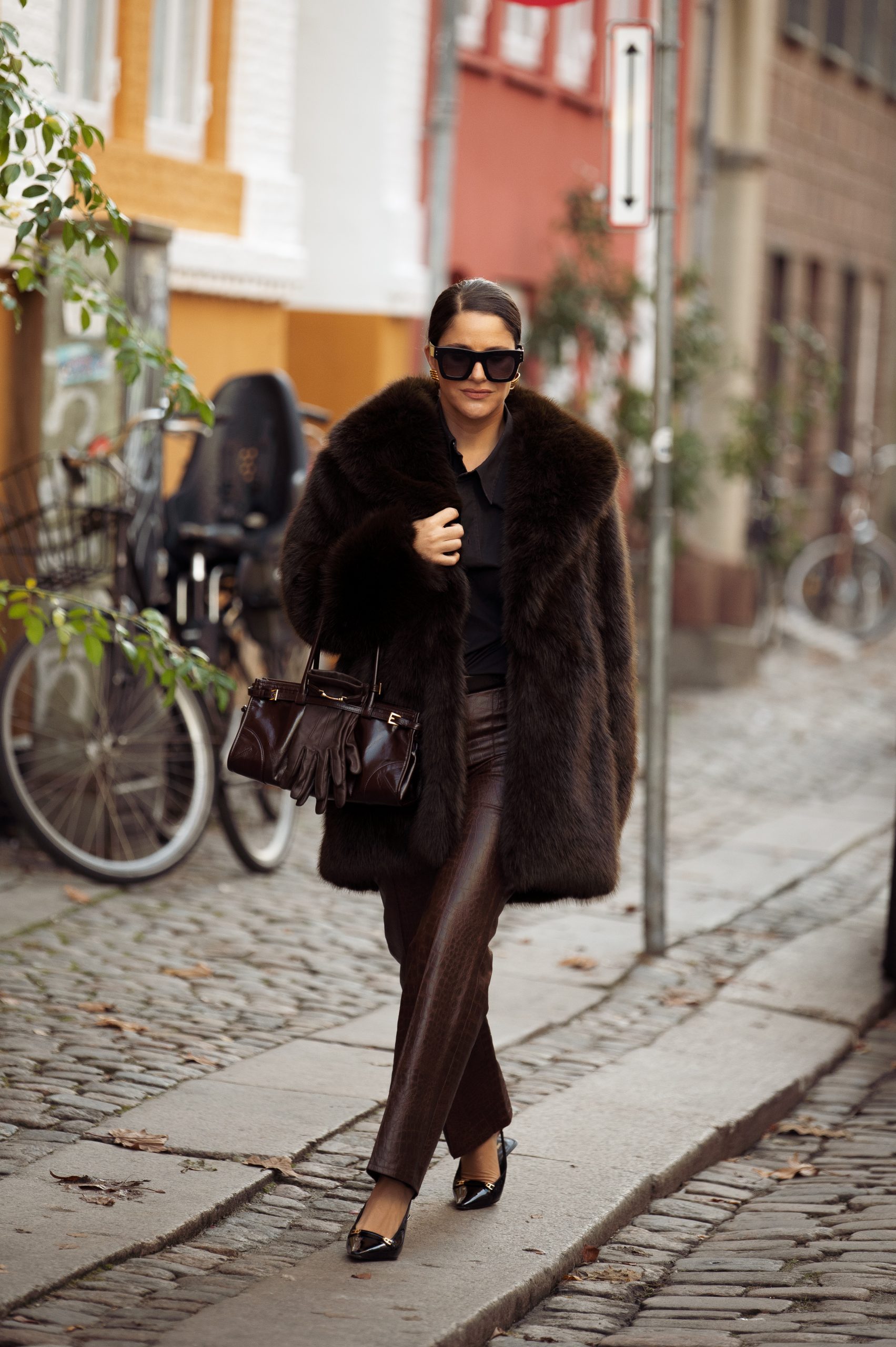 Evening Event Or Chic Day Dark Brown Faux Fur Coat with Leather Trousers — Faux Fur Coat Outfits