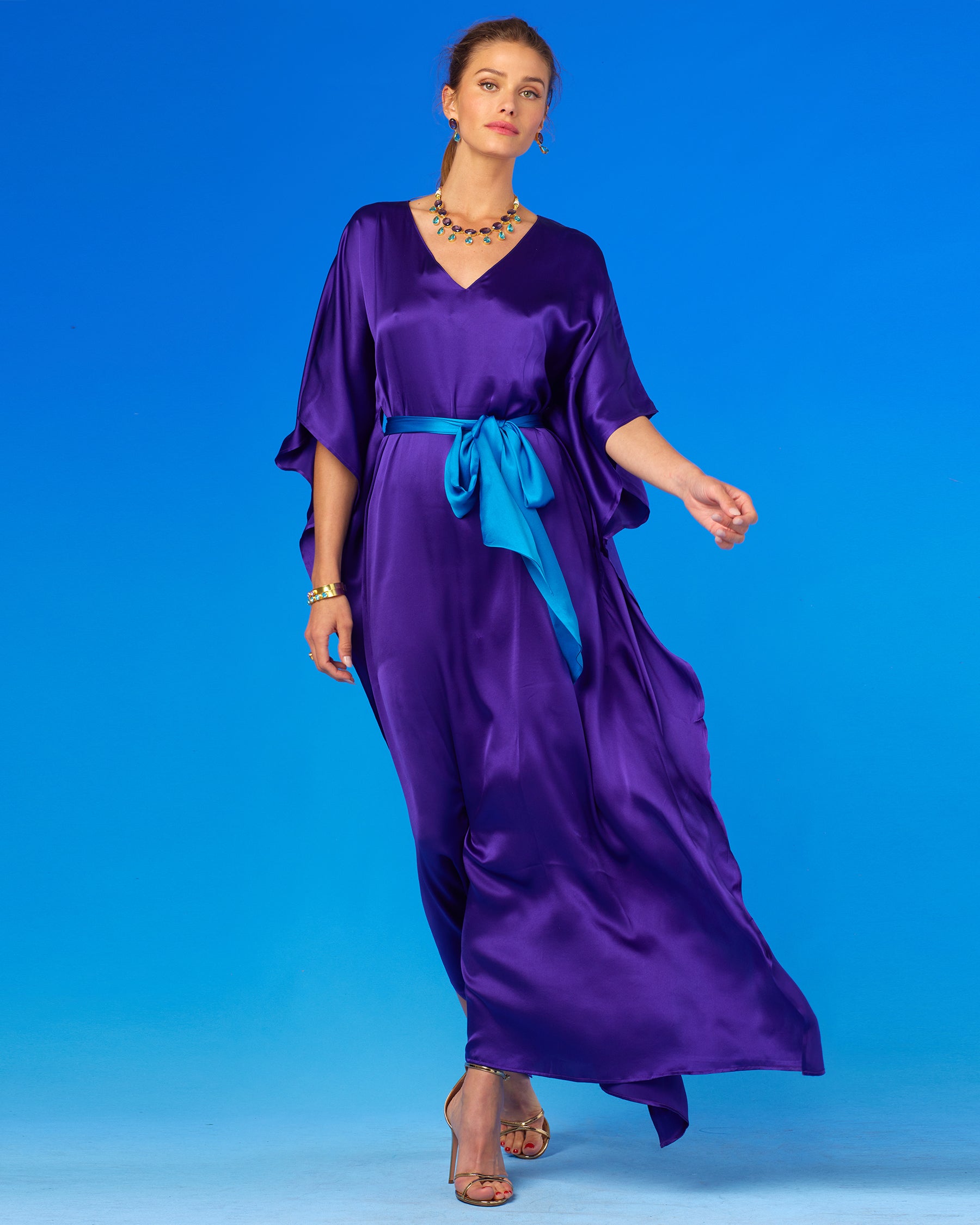 Flowing Royal Purple Silk Kaftan with Turquoise Sash — Royal Purple Outfits