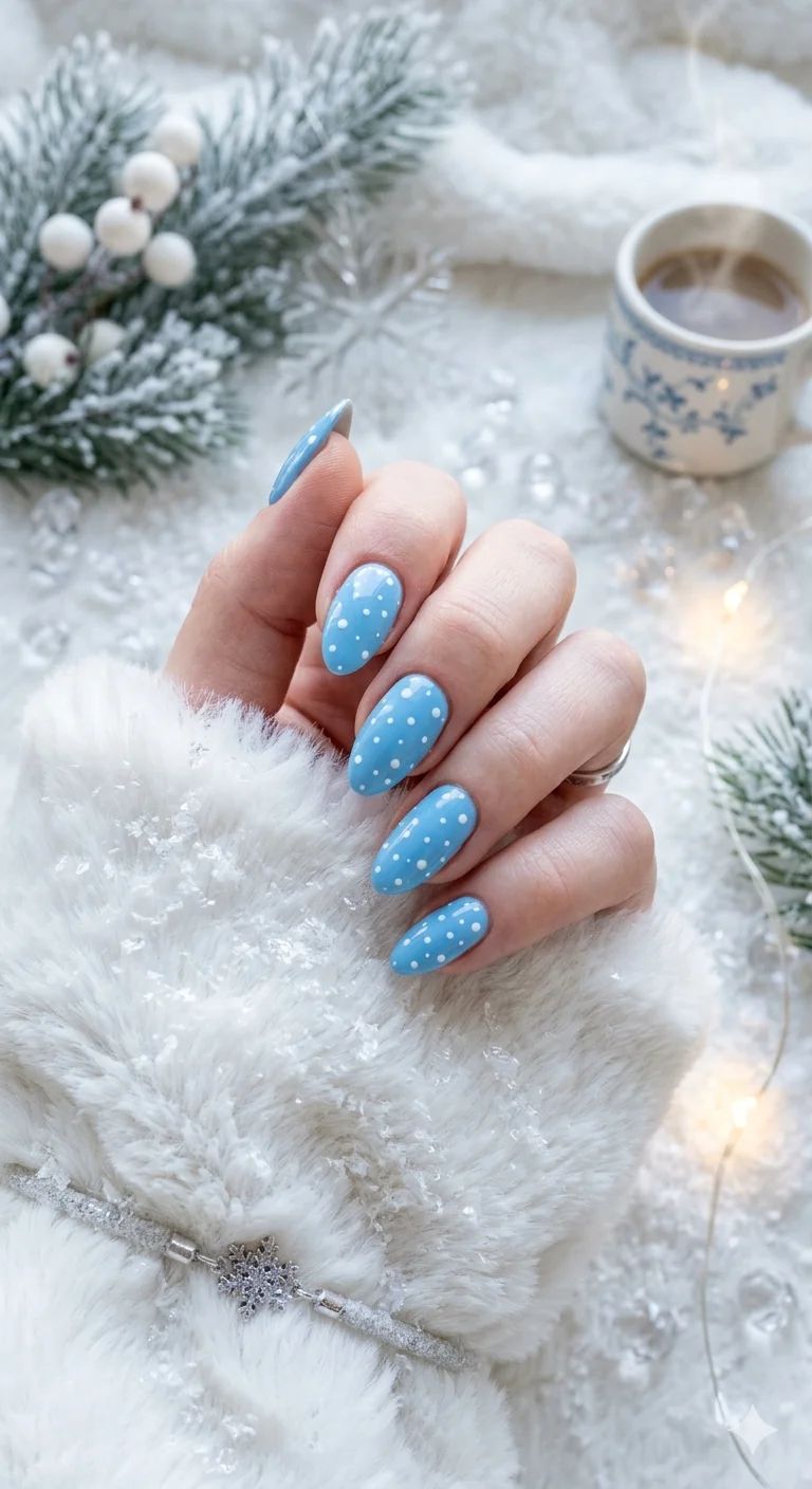 White Polka Dots On Blue Nails Visual Idea White Polka Dots On Blue Nails Visual Idea — Winter Blue Nails