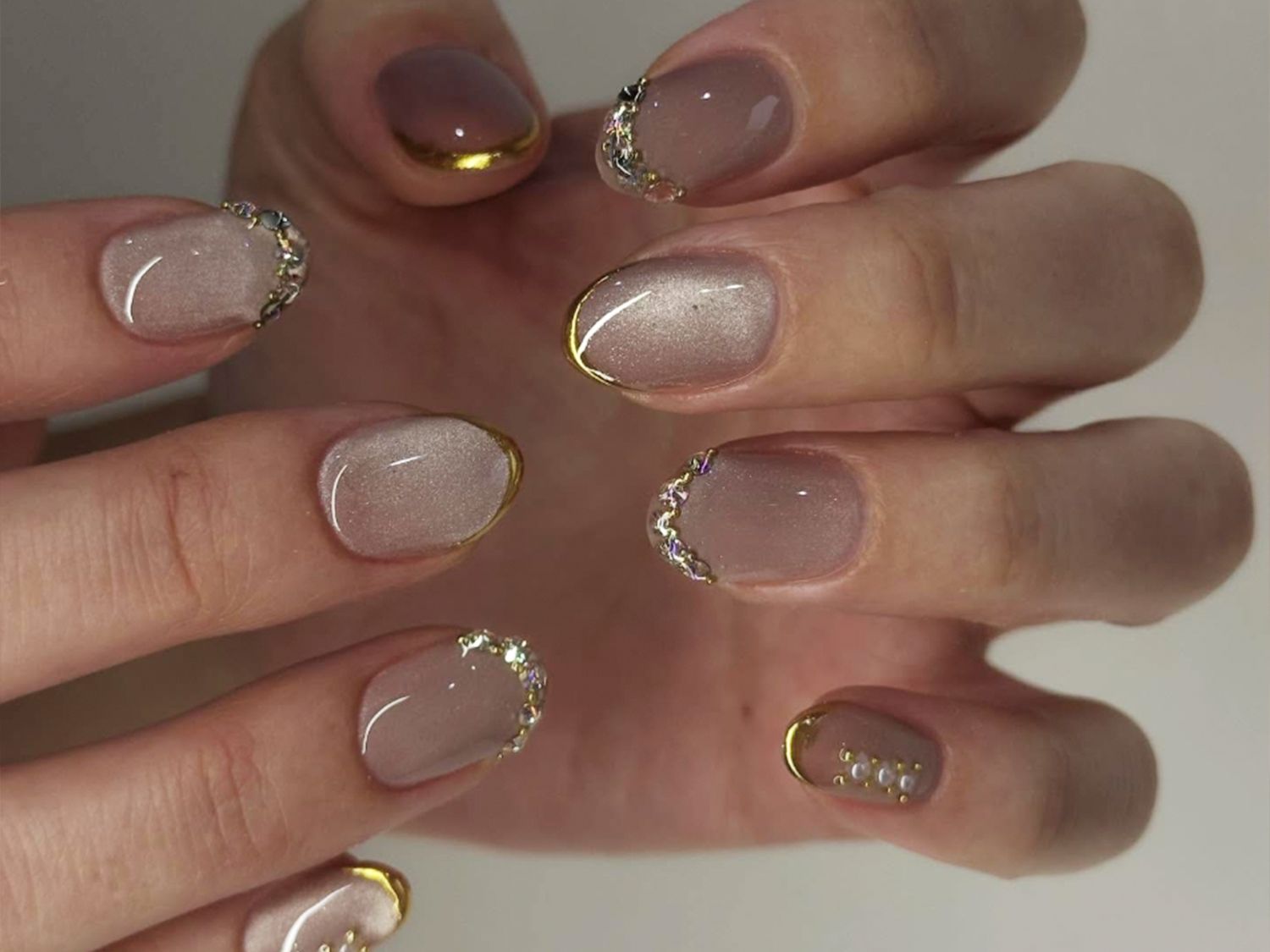 Taupe Shimmer Nails with Gold Accents — Winter Nail Colors for Women Over 40