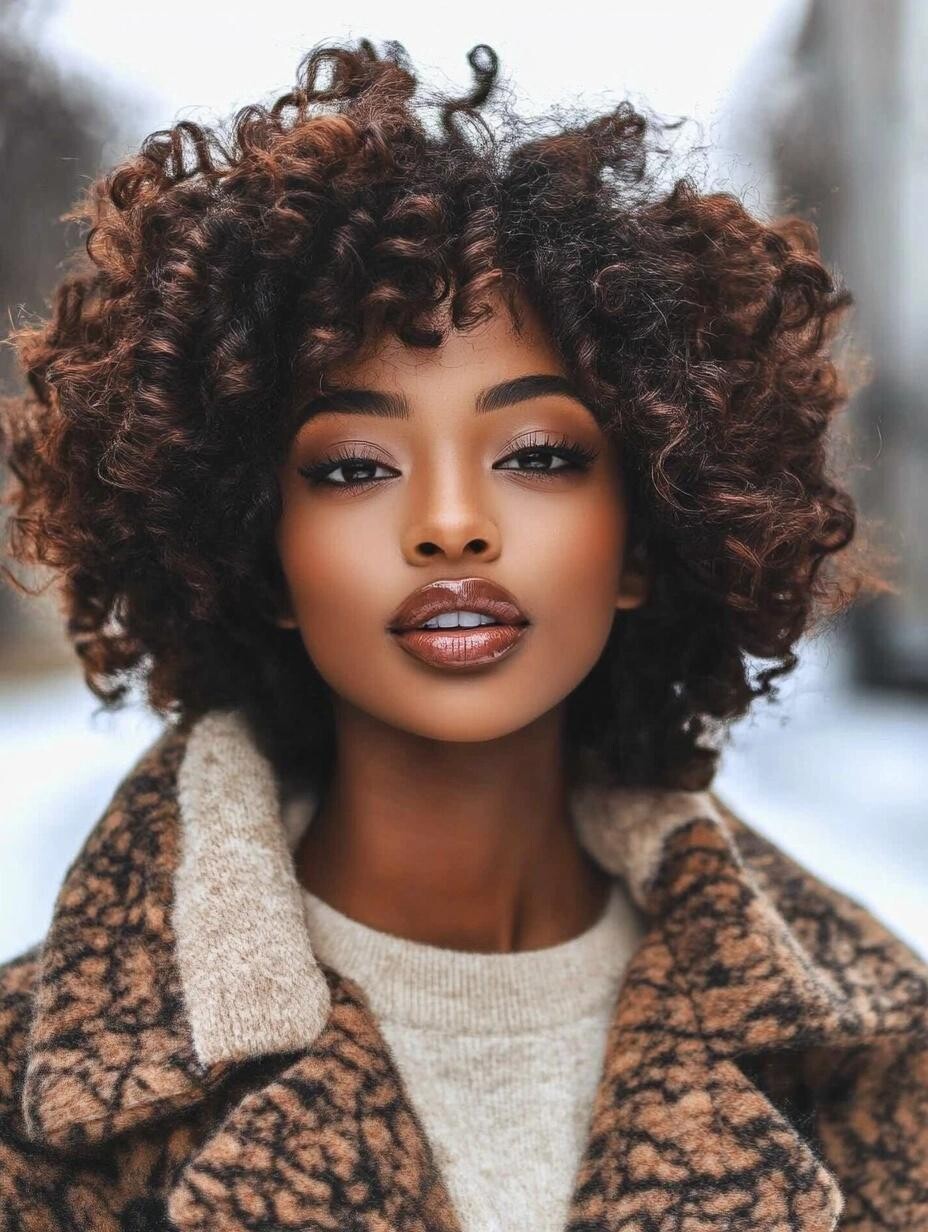 Voluminous Dark Brown Curly Bob — Winter Haircuts for Black Women