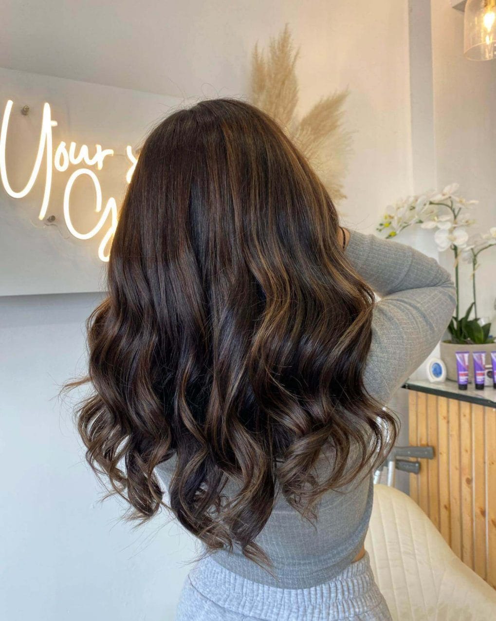 Caramel and Ash Blonde Balayage on Dark Brown — Wavy Hair Falls To The Mid-Back Caramel and Ash Blonde Balayage on Dark Brown — Wavy Hair Falls To The Mid-Back — Winter Balayage