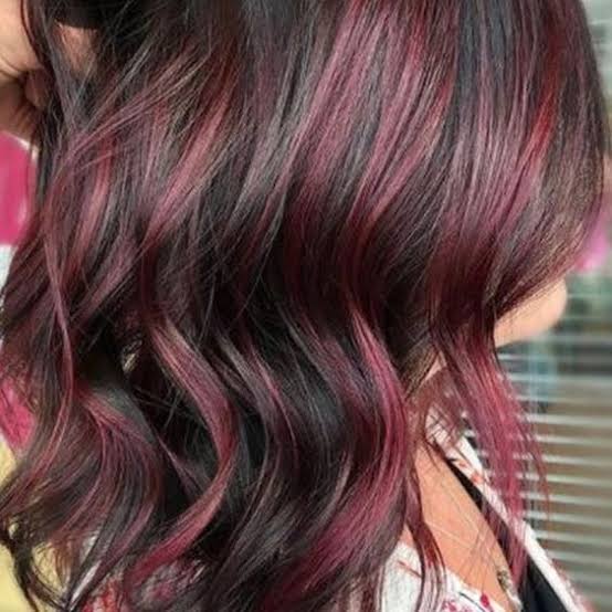 Collarbone Length with Red and Burgundy Highlights — Cherry Cola Hair Color