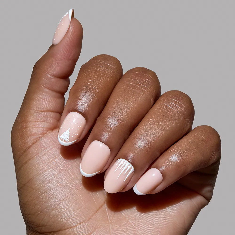 Pale Blue Snowflake French Squovals Pale Blue Snowflake French Squovals — Winter Squoval Nails