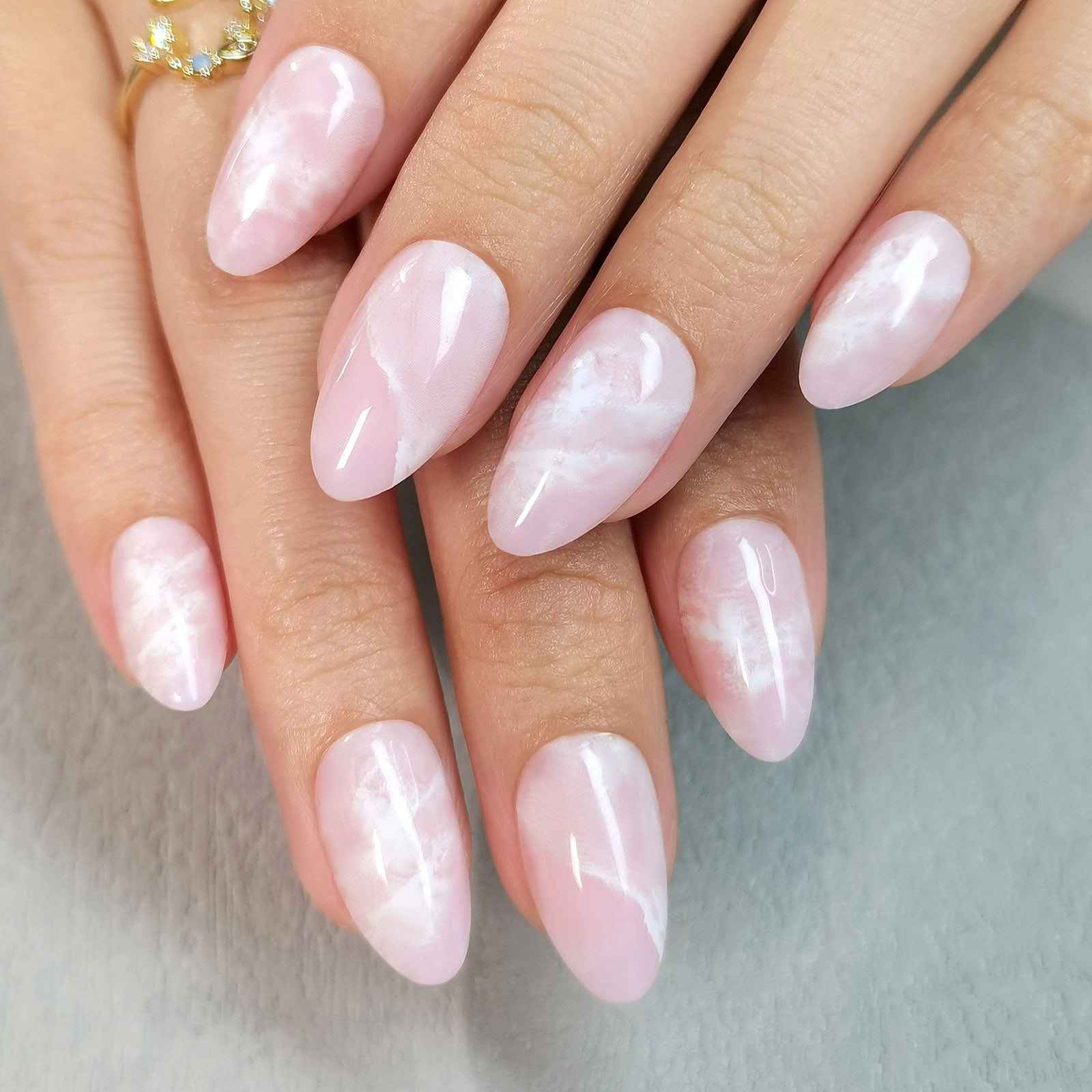 Sophisticated Pale Pink Almond Marble — Winter Marble Nails