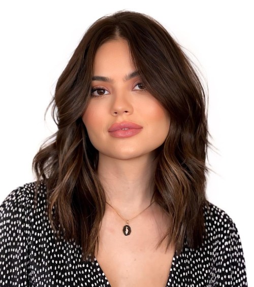 Dark Brown Lob With Side Bangs Dark Brown Lob With Side Bangs — Winter Haircuts for Square Faces