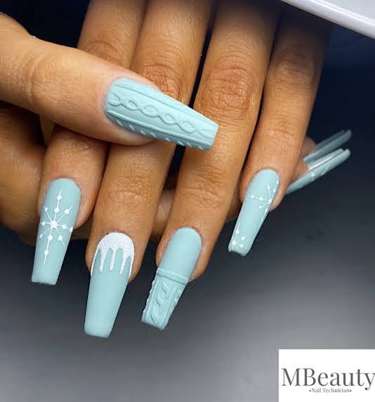 Pale Blue Cable Knit Icicle Coffin Nails Pale Blue Cable Knit Icicle Coffin Nails — Winter Coffin Nails