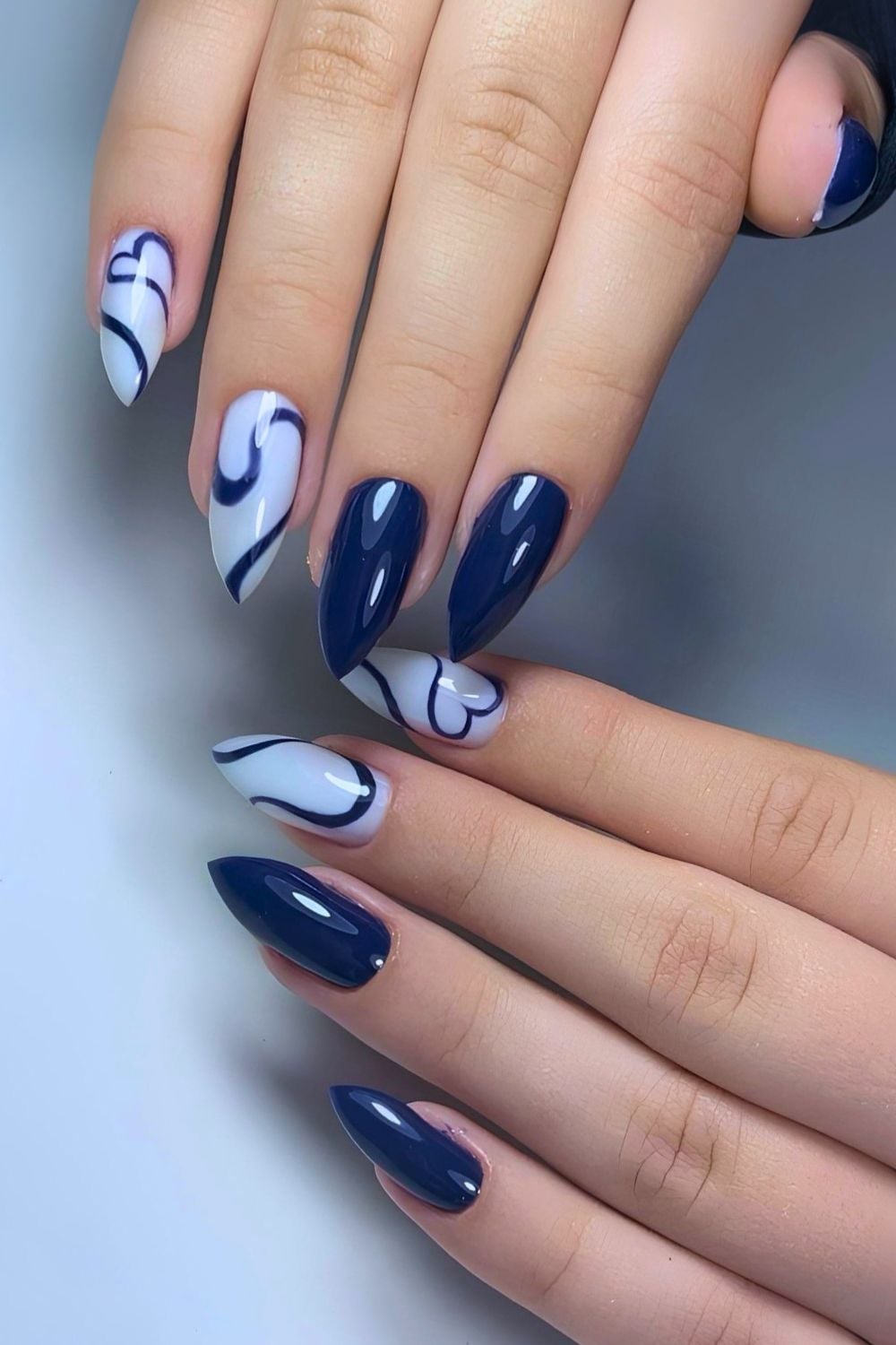 Medium Stiletto Navy White Swirls Hearts — Navy Blue Nails