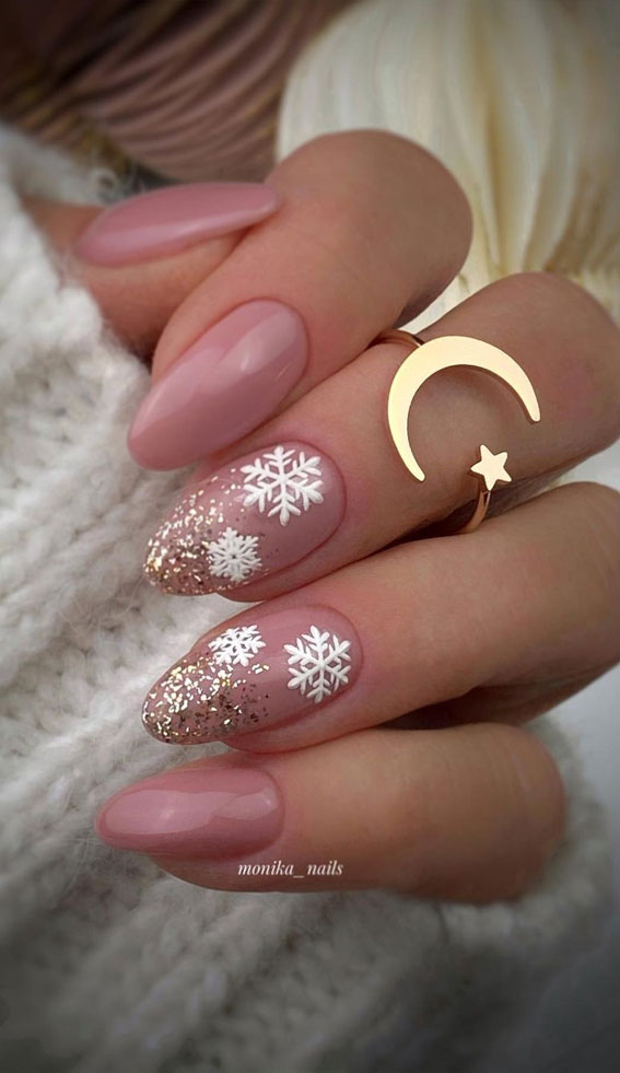 Dusty Rose Almond with Snowflakes & Glitter Dusty Rose Almond with Snowflakes & Glitter — Winter Pink Nails