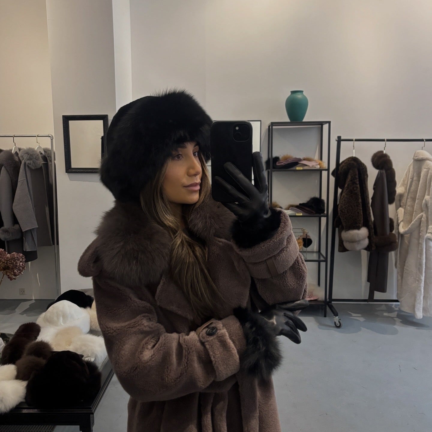 Luxurious Monochrome: All-Black Fur Ensemble — Fur Hat Outfits