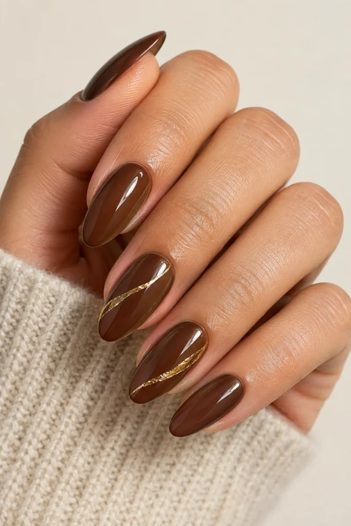 Warm Brown with Delicate Gold Stripe Warm Brown with Delicate Gold Stripe — Chocolate Brown Nails