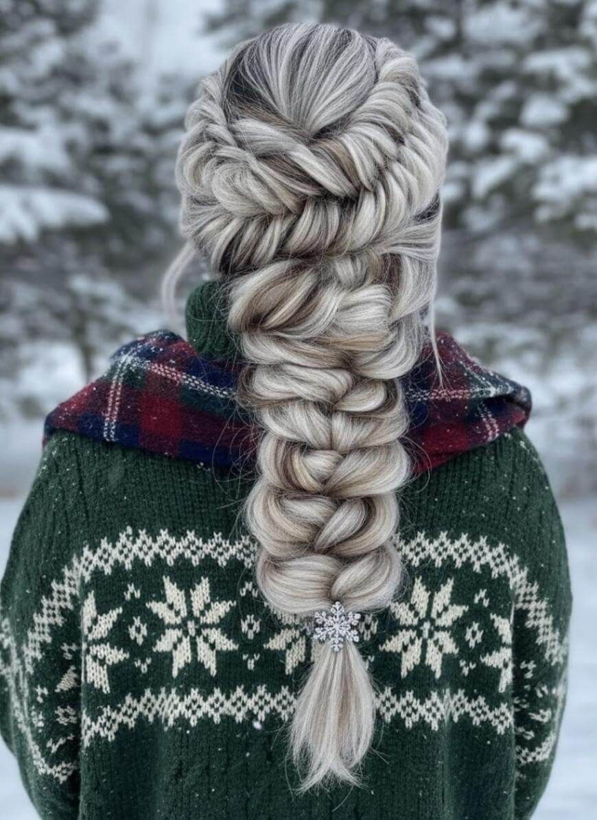Ash Blonde Fishtail Braid With Silver Highlights Ash Blonde Fishtail Braid With Silver Highlights — Easy Winter Hairstyles