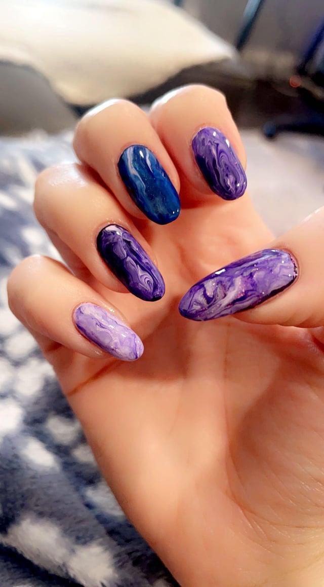 Glossy Deep Blue and Purple Swirling Marble — Winter Marble Nails