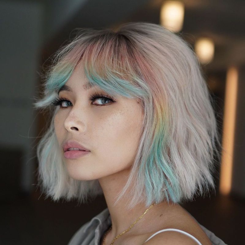 Platinum Bob With Pastel Streaks — Winter Hair Colors for Short Hair