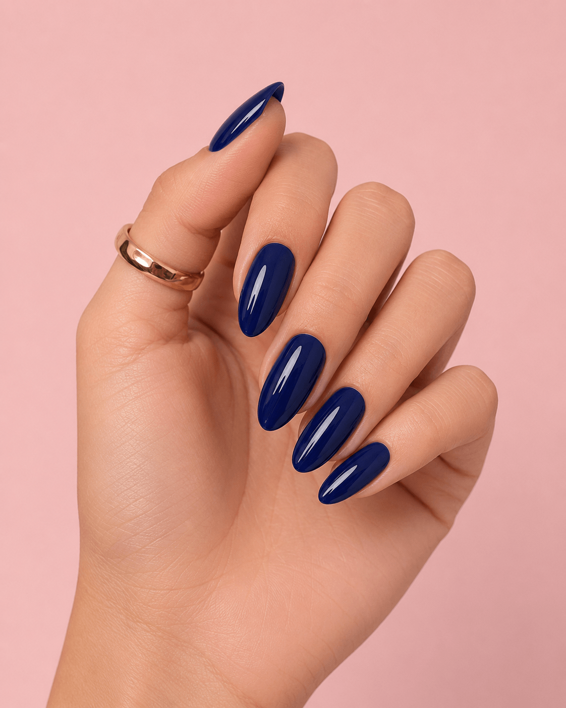 None Medium Almond Glossy Navy — Navy Blue Nails