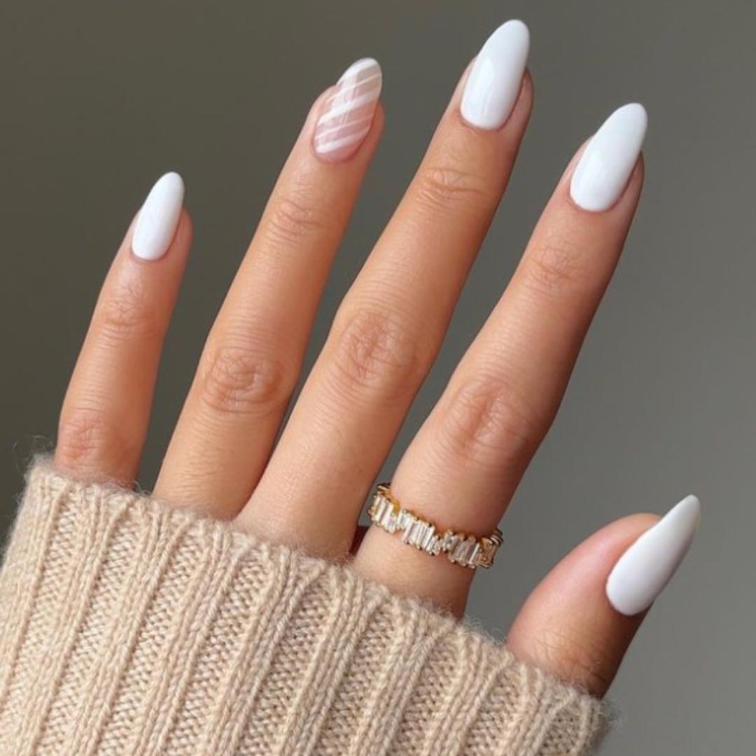 Opaque White Diagonal Stripe Oval Nails Opaque White Diagonal Stripe Oval Nails — Winter Wedding Nails