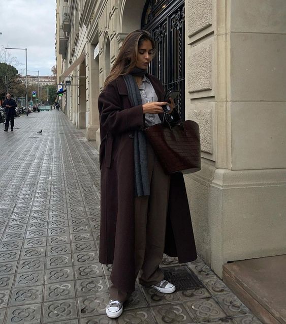 Rich Brown Wool Coat Over Turtleneck and Jeans — Brown Coat Outfits