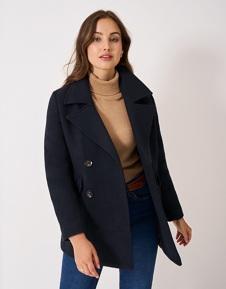 Fitted Navy Peacoat with Slim Jeans and Tan Turtleneck — Peacoat Outfits