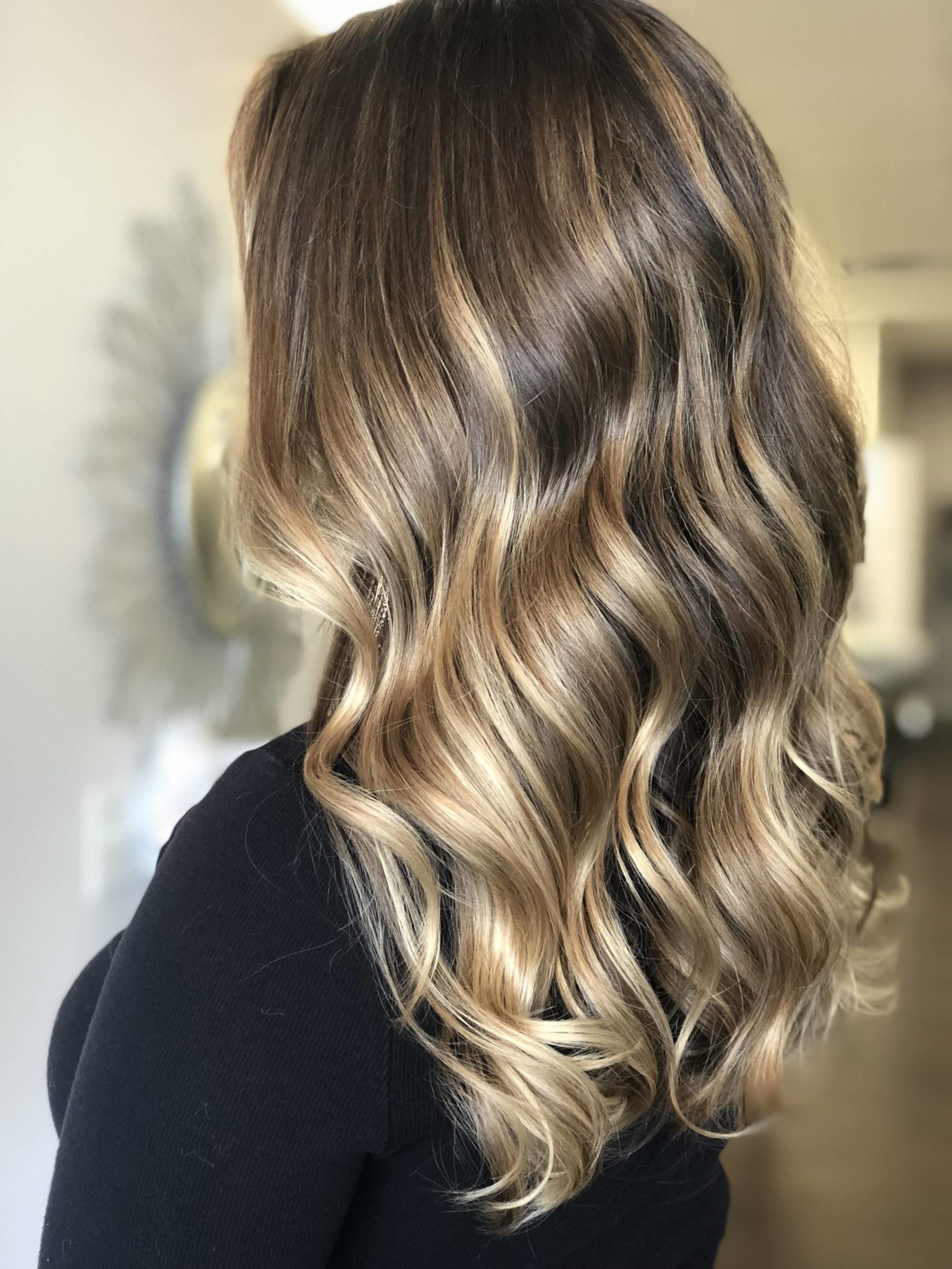 Dark Brown Base With Blonde Balayage Mid-Back Dark Brown Blonde Blend — Reverse Balayage