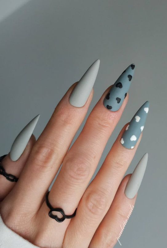 Long Stiletto Matte Grey with Hearts Long Stiletto Matte Grey with Hearts — Winter Matte Nails