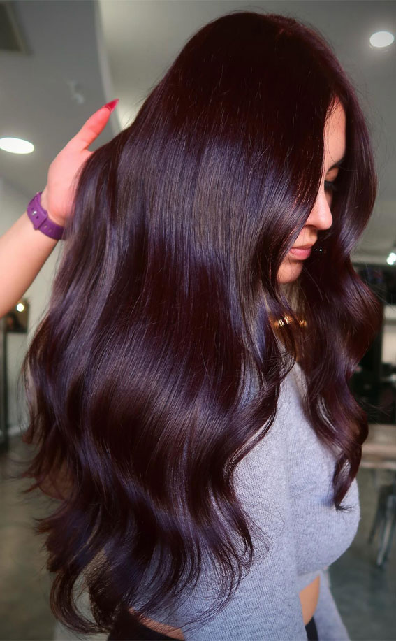 Glossy Deep Cherry Cola with Side Part — Cherry Cola Hair Color