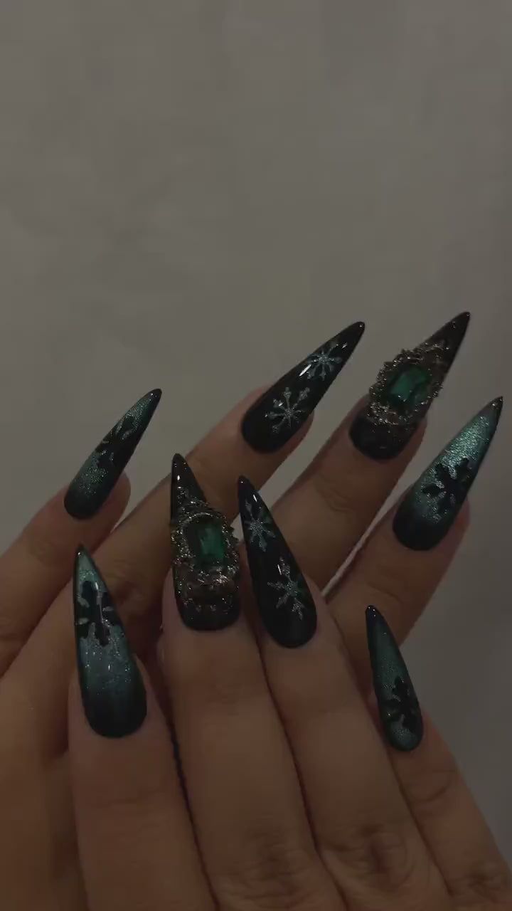 Shimmer Green Black Gem Stiletto Nails Shimmer Green Black Gem Stiletto Nails — Winter Green Nails