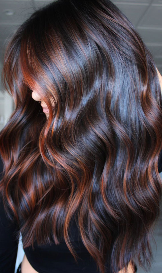 Long Layers Dark Brown with Rich Auburn Highlights — Winter Auburn Hair Color