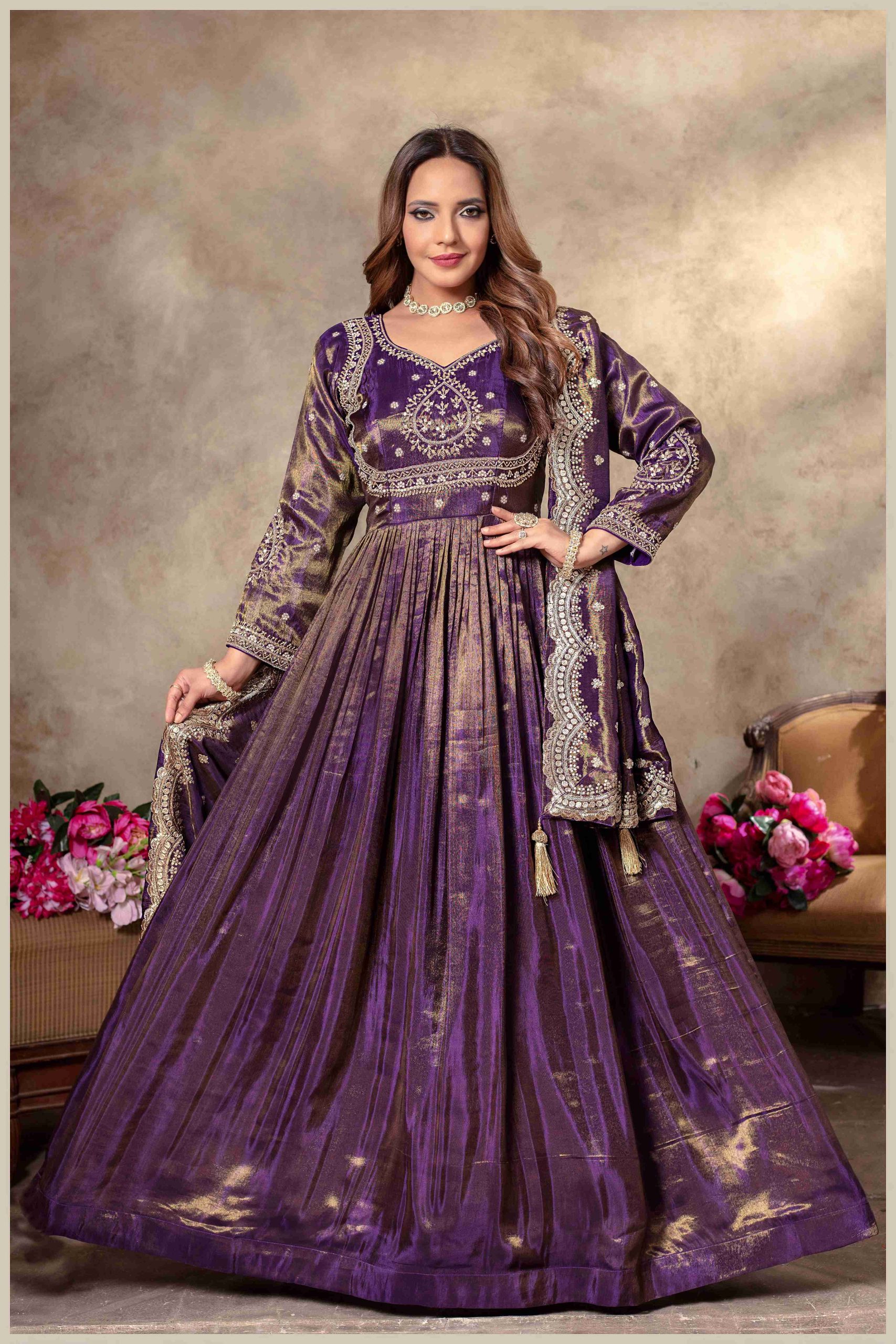 Ornate Royal Purple Zari Gown with Full Skirt — Royal Purple Outfits