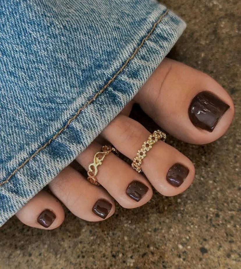 Dark Glossy Brown with Toe Rings — Winter Pedicure Colors