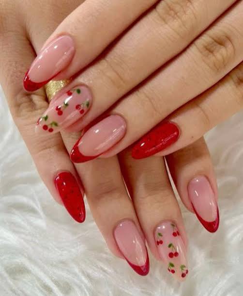 Sheer Pink Almond Nails with Red French and Cherries Sheer Pink Almond Nails with Red French and Cherries — Cherry Red Nails
