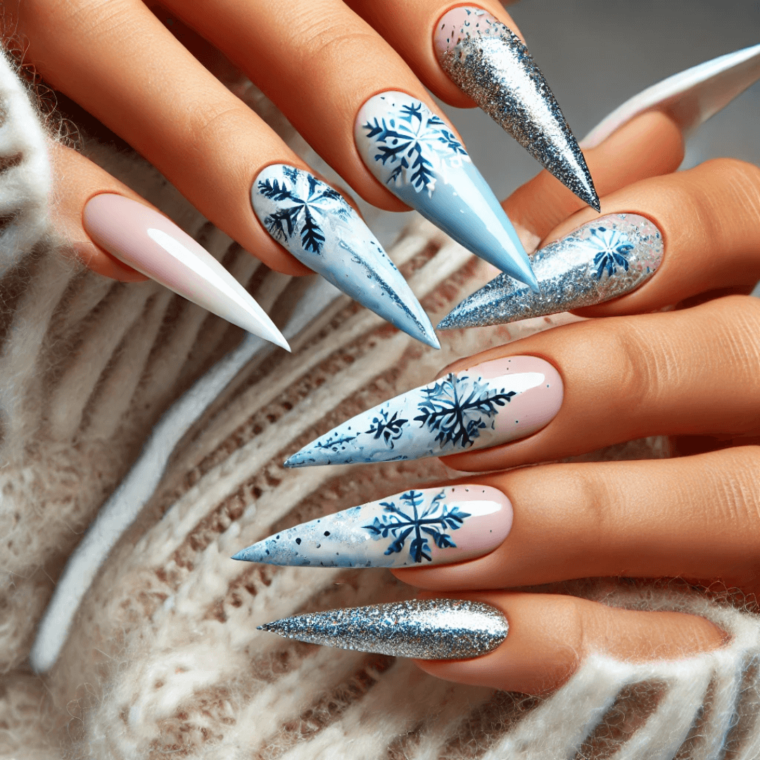 Blue Snowflake Glitter Stilettos Blue Snowflake Glitter Stilettos — Winter Stiletto Nails