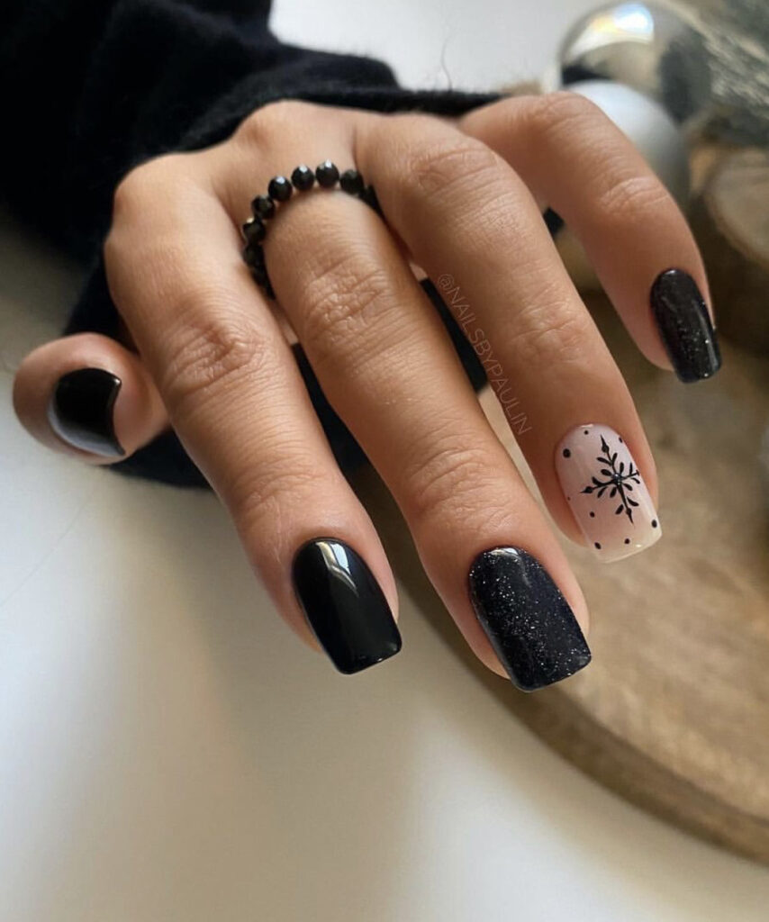 Black & Nude Snowflake Mix Black & Nude Snowflake Mix — Short Winter Acrylic Nails