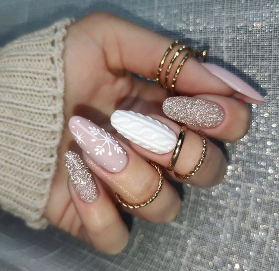 Long Almond Mixed Winter Designs Long Almond Mixed Winter Designs — Winter Nude Nails