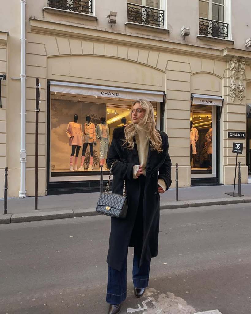 Chic Black Wool Coat Over Cream Knitwear — Old Money Winter Outfits